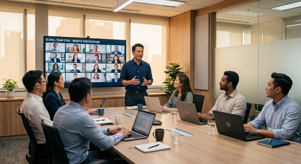 hybrid event in office with online participants